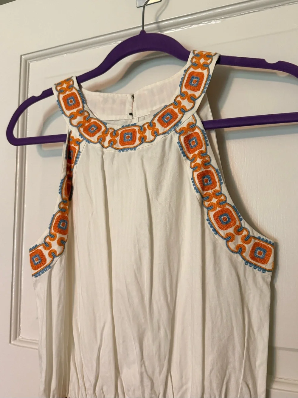 Tory Burch White Sleeveless Dress with Orange and Light Blue Embroidery